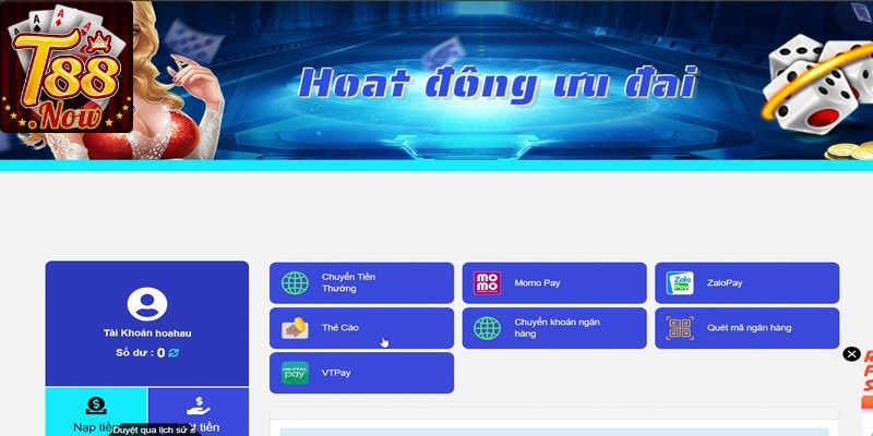 Hướng dẫn nạp tiền T88 từ ví điện tử